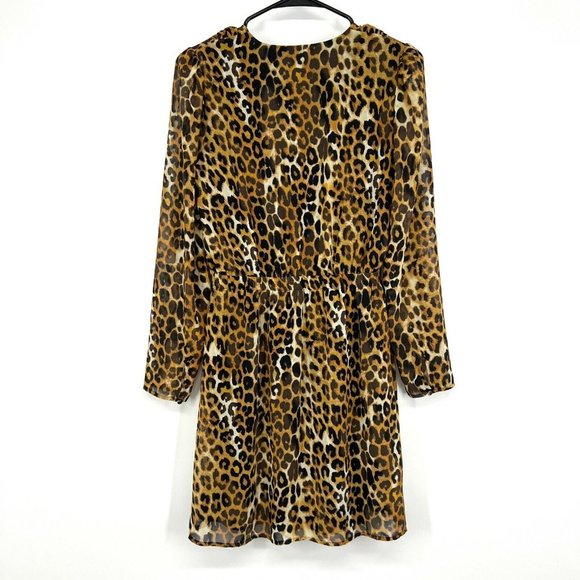 Express Dress Brown Black Leopard Print Long Sleeve Mini V Neck - Picture 9 of 11